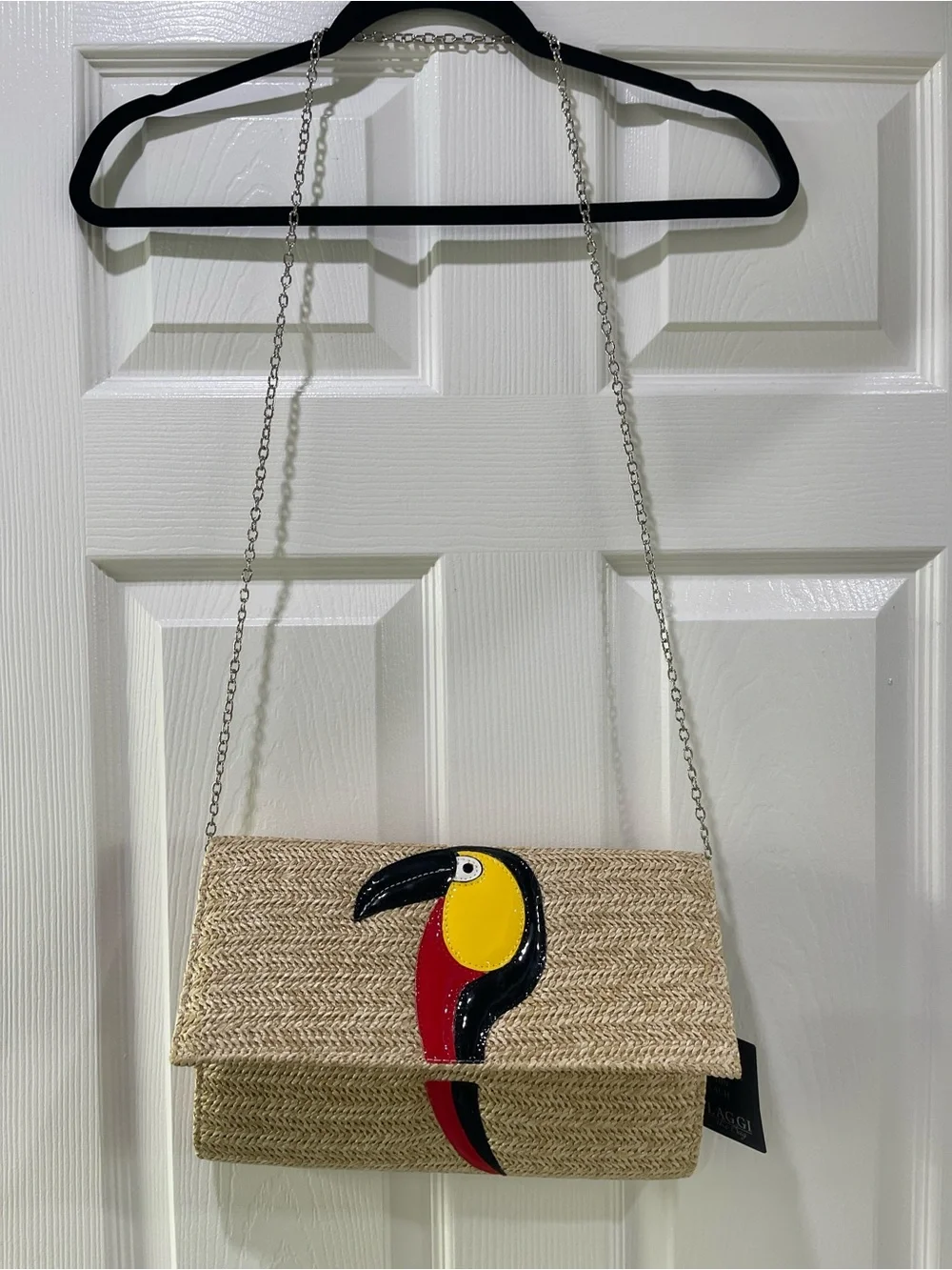 Bulaggi Natural Straw Crossbody Bag with Colorful Toucan Patch